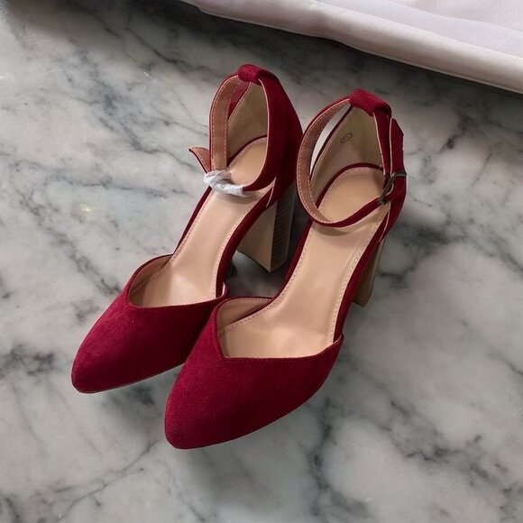 Casual Shoes - Women's Wine Red Suede Chunky Heel Pumps Size 5.5 Party Wedding Casual Festival
